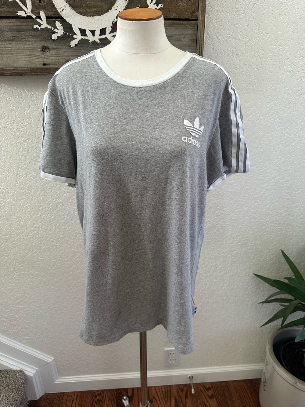 Adidas gray 100% cotton 3 stripe t-shirt ladies size L
